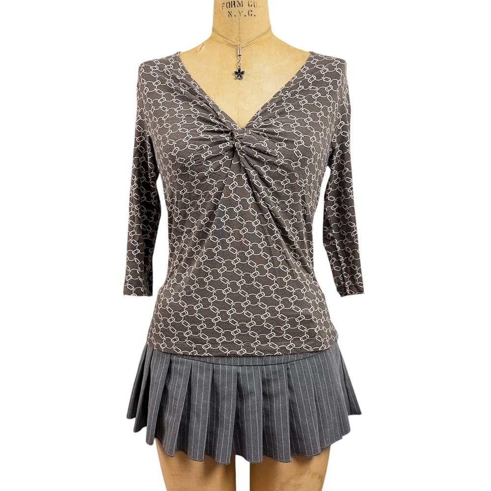 Talbots Brown Chain Link Wrap Top Twist Front Geometric Y2K Retro Blouse M